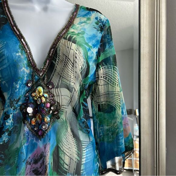 L’AF FAIRE Beautiful Indian Women's Watercolor Tunic Top V-Neck Embroidered Sz S - Picture 3 of 7